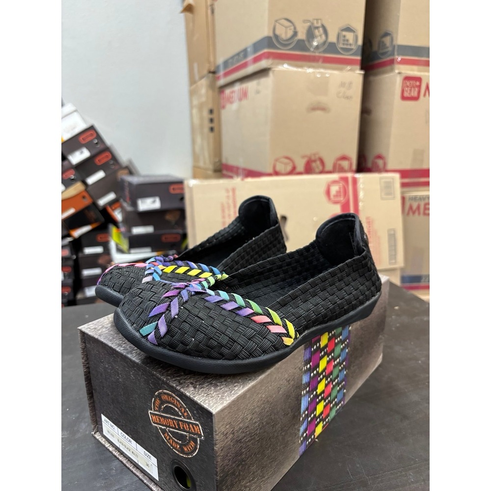Bernie Mev Catwalk Black Multi Braided Woven Elastic Flats Size 37 US 6